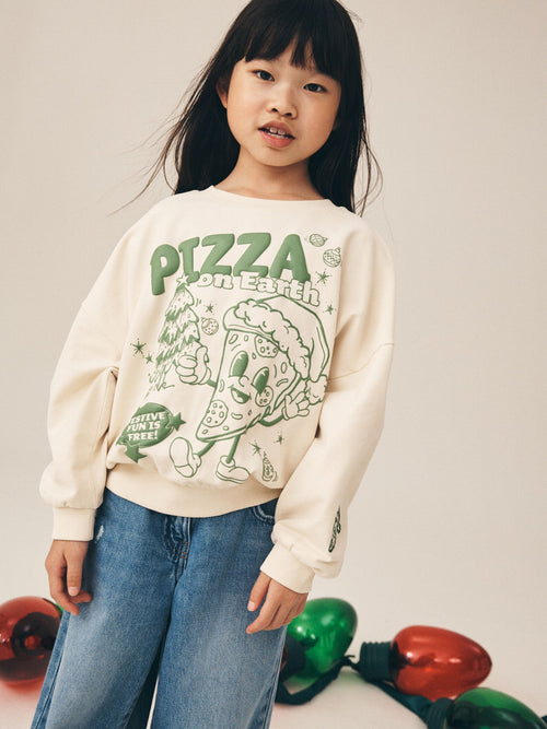 Ecru Christmas Pizza Long Sleeve Sweatshirt (3-16yrs)