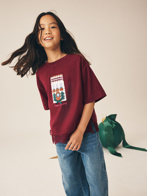 Burgundy Red House Lace Hem Christmas Applique T-Shirt (3-16yrs)