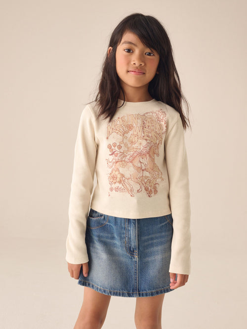 Cream Horses Textured Long Sleeve Graphic Top (3-16yrs)