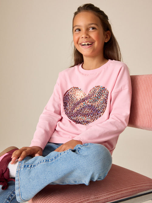 Pink Long Sleeve Sequin Heart Top (3-16yrs)