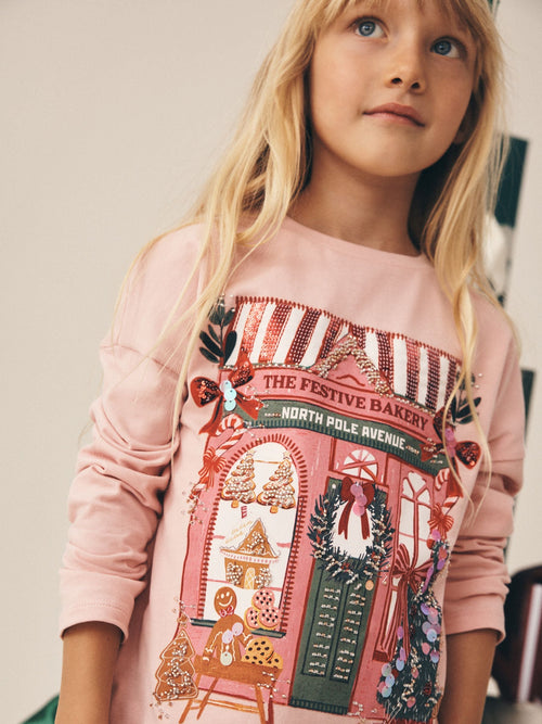 Pink Christmas House Sequin Long Sleeve Top (3-16yrs)