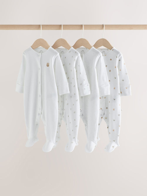 White Mini Safari Animals 4 Pack Baby Sleepsuits (0-2yrs)