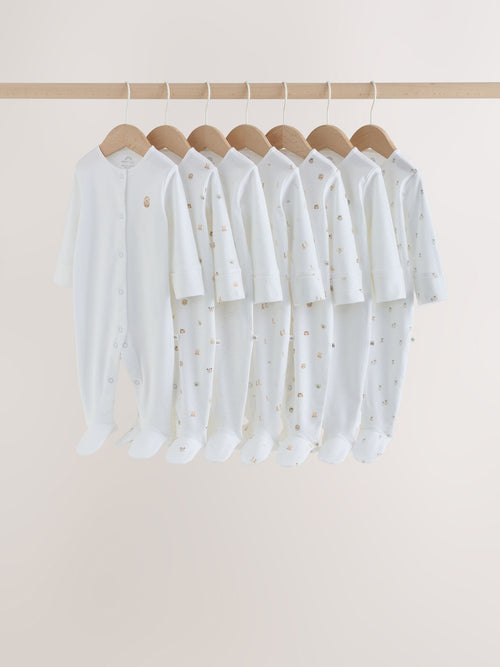 White Mini Safari Animals 7 Pack Baby Sleepsuits (0-2yrs)