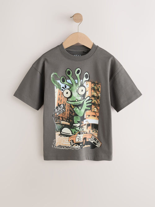Charcoal Grey Alien Relaxed Fit Short Sleeve Graphic T-Shirt (3-16yrs)