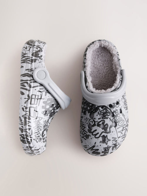 Grey Graffiti Warm Lined Slipper Clogs