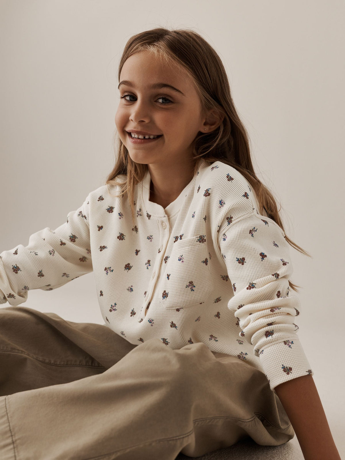 Ecru Ditsy Waffle Henley Top (3-16yrs)