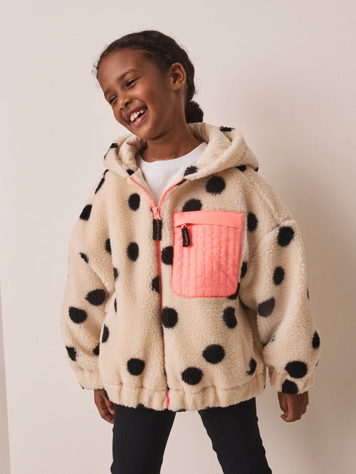 Black/White Spot Zip Up Hoodied Borg Jacket (3-16yrs)