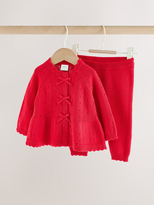 Red Frill Knitted Bow Baby Cardigan & Leggings Set 2 Piece (0mths-2yrs)