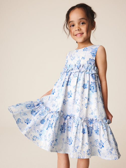 Blue and White Floral Tiered Smock Dress (3-16yrs)