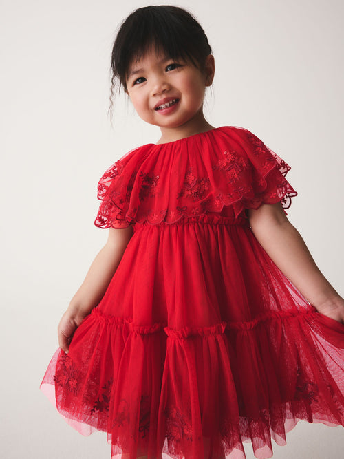Bright Red Embroidered Mesh Cape Occasion Dress (3mths-8yrs)