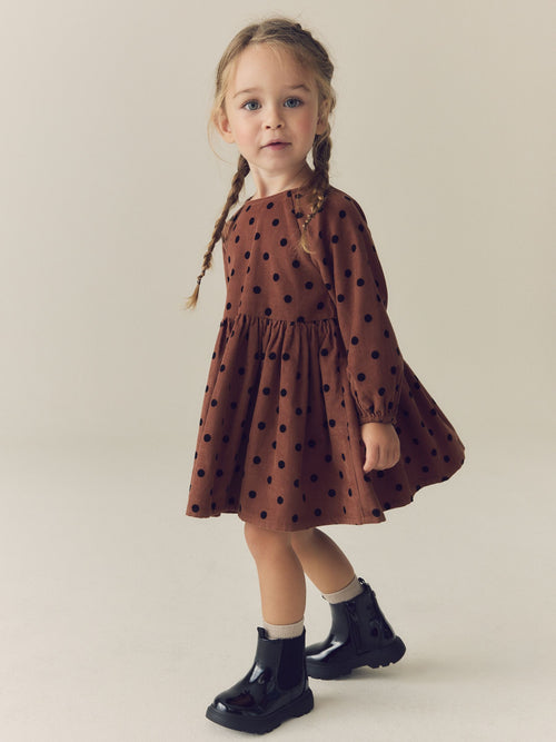 Chocolate Brown Spot Long Sleeve Cord Dress (3mths-8yrs)