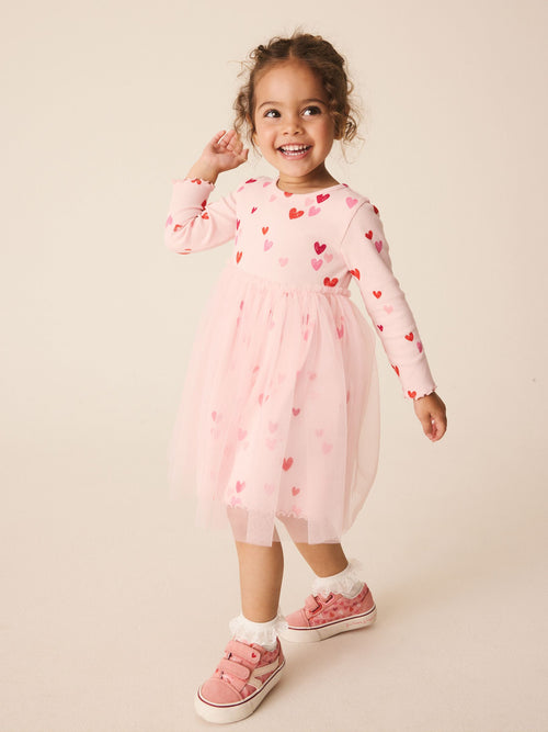 Pink Hearts Long Sleeve Ribbed Mesh Dress (3mths-7yrs)