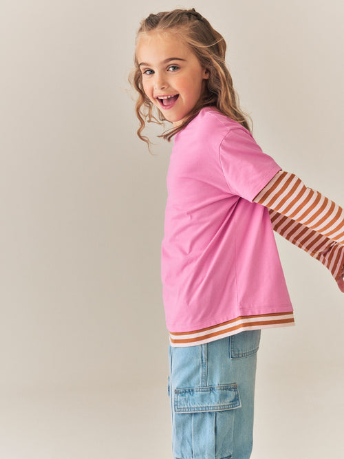 Pink Stripe Long Sleeve Double Layer T-Shirt (3-16yrs)