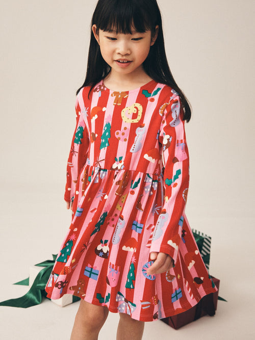 Red/Pink Stripe Jersey Long Sleeve Dress (3-16yrs)