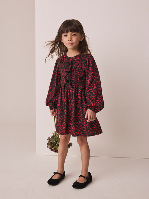 Red and Black Heart Bow Detail Long Sleeve Dress (3-16yrs)