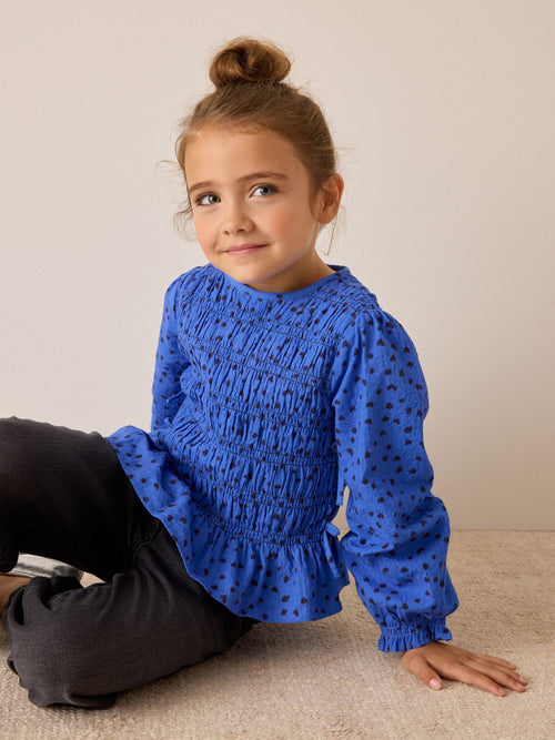Blue Spot Long Sleeve Shirred Blouse (3-16yrs)
