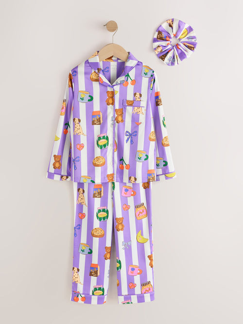 Purple Striped Satin Button Through Pyjamas (3-16yrs)