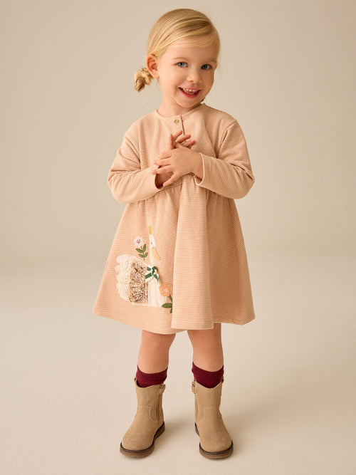 Ecru Emboidered Swan Long Sleeve Dress (3mths-7yrs)