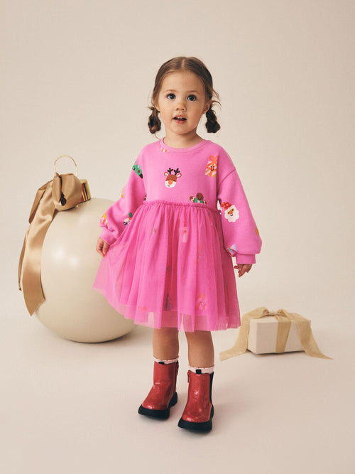 Bright Pink Christmas Long Sleeve Sweat Mesh Dress (3mths-7yrs)