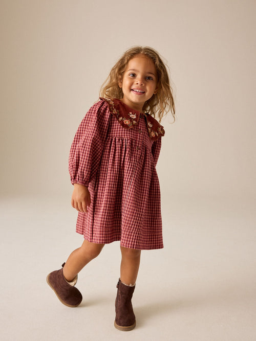 Chocolate Brown Cord Collar Check Long Sleeve Dress (3mths-8yrs)