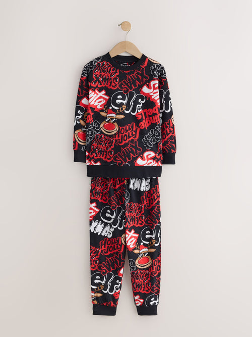 Black/Red Xmas Slogan Christmas Pyjamas Set (3-16yrs)