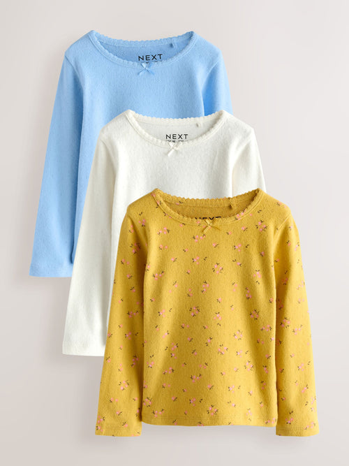 Blue/ Ecru/ Green Long Sleeve Pointelle Tops 3 Pack (3mths-7yrs)