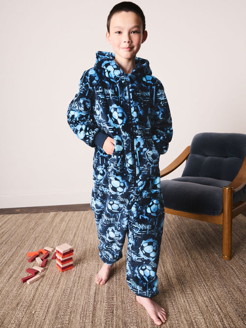 Blue Football Grafitti Fleece All-In-One (3-16yrs)