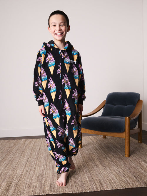 Black All Over Fortnite Llama Fleece All-In-One (5-16yrs)