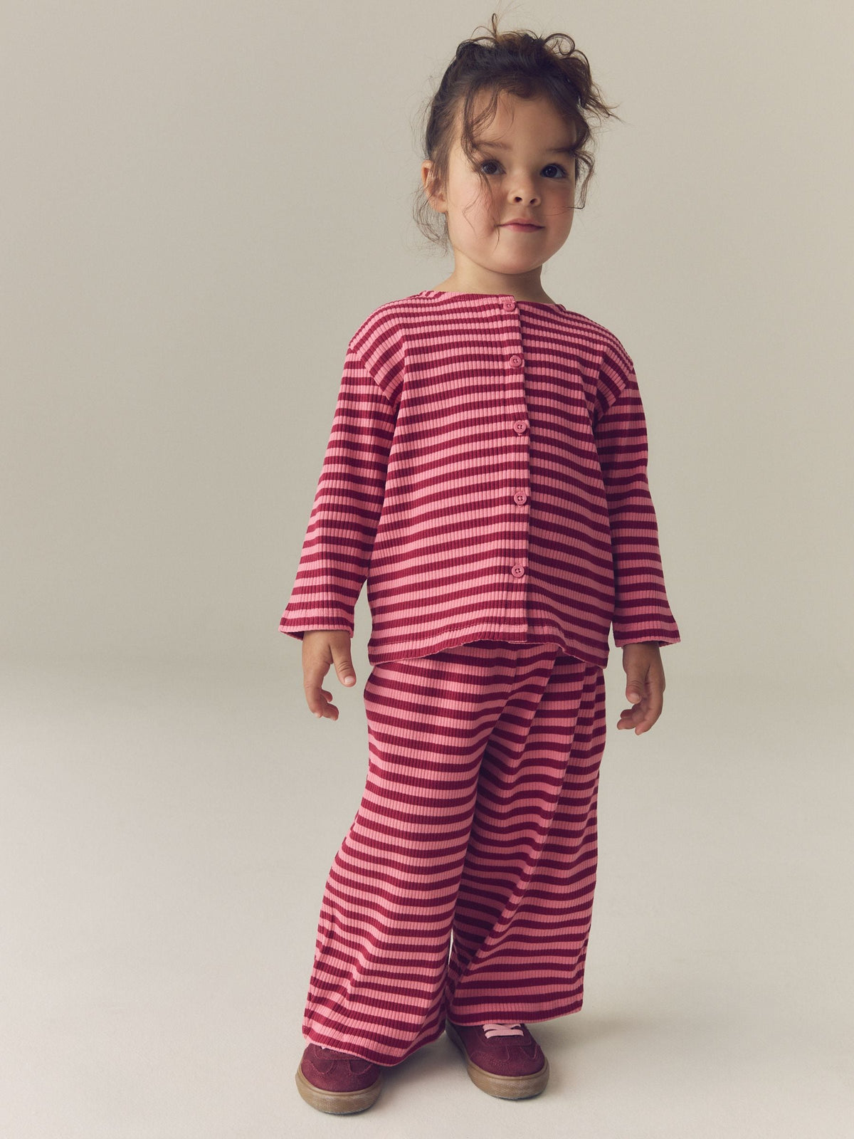 Pink Stripe Ribbed Cardigan and Wide Leg Trousers Set (3mths-7yrs)