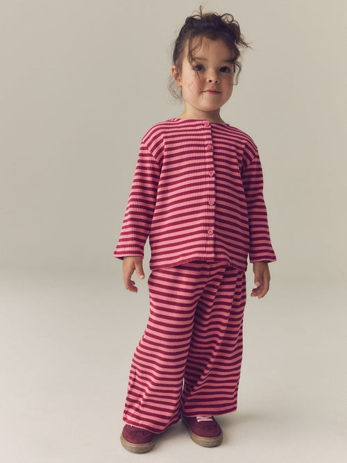 Pink Stripe Ribbed Cardigan and Wide Leg Trousers Set (3mths-7yrs)