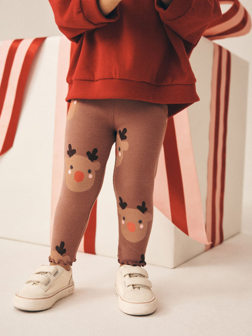 Brown Reindeer Rib Leggings (3mths-7yrs)