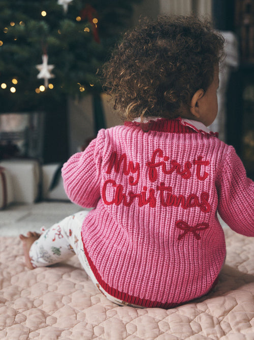Pink and Red My First Christmas Baby Cardigan (0-18mths)
