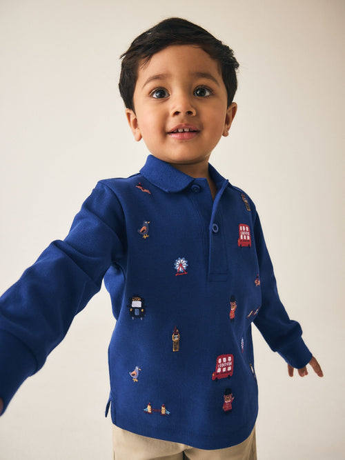 Navy London Long Sleeve Embroidered Polo Shirt (3mths-7yrs)
