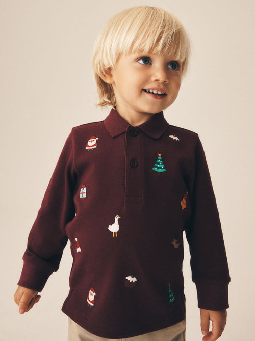 Burgundy Red Long Sleeve Christmas Embroidered Polo Shirt (3mths-7yrs)