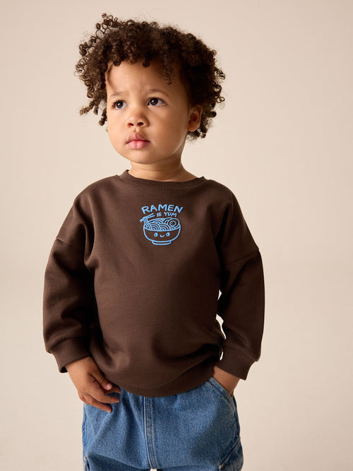 Chocolate Brown Ramen Printed Crew Neck Sweat Top (3mths-7yrs)