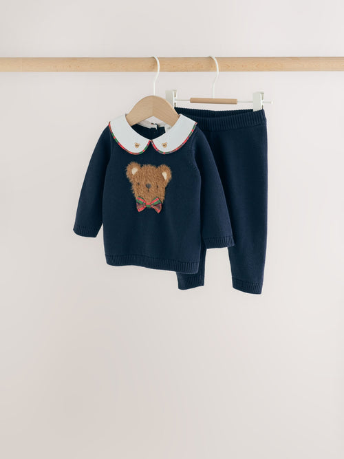 Navy Blue Bear Knitted Jumper and Leggings Baby Set (0mths-2yrs)