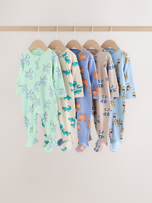 Blue Animal Two Way Zip Baby Sleepsuits 5 Pack (0-2yrs)