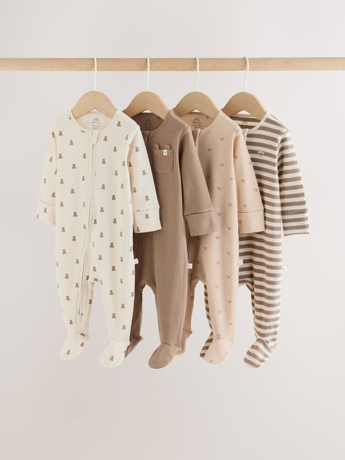 Neutral Brown Bear Two Way Zip Baby Sleepsuits 4 Pack (0mths-2yrs)