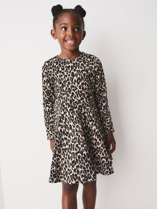 Leopard Animal Print Long Sleeve Skater Dress (3-16yrs)