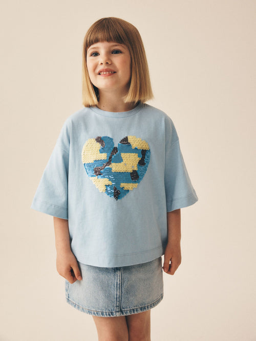 Light Blue Boxy Sequin Heart T-Shirt (3-16yrs)