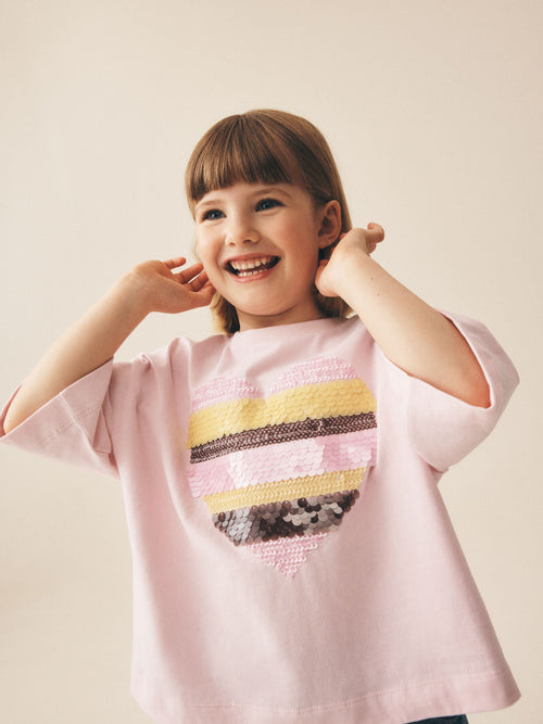 Light Pink Stripe Boxy Sequin Heart T-Shirt (3-16yrs)