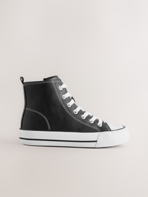 Black Faux Leather Wide Fit (G) Lace Up High Top Trainers