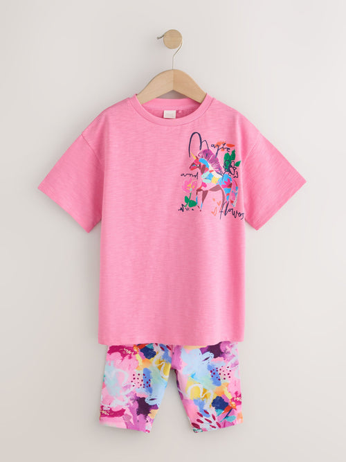 Pink Floral Unicorn T-Shirt and Cycle Shorts Set (3-16yrs)