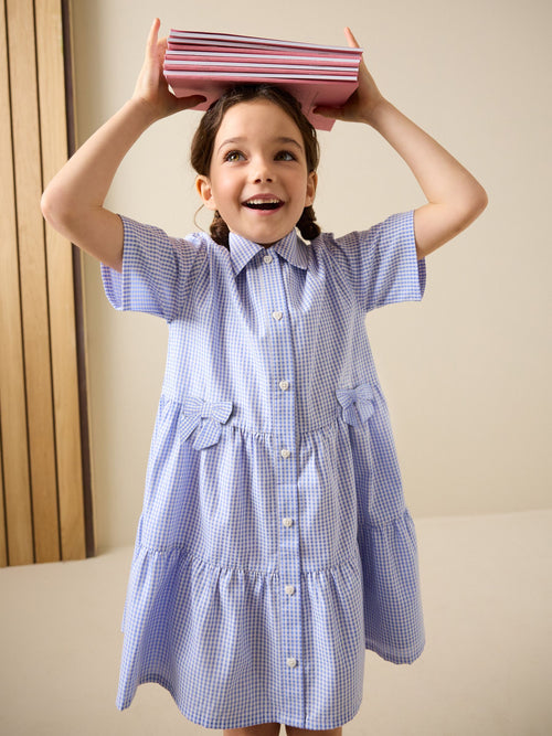 Blue Cotton Rich Utility Bow Gingham School Dress (3-14yrs)