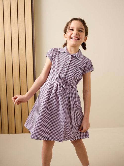 Burgundy Red Cotton Rich Belted School Dress with Scrunchie (3-14yrs)