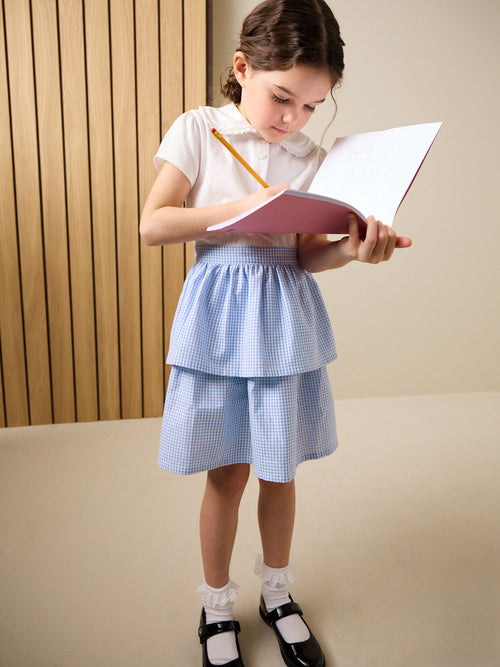 White and Blue Gingham School Tiered Rara Twofer Dress (3-14yrs)