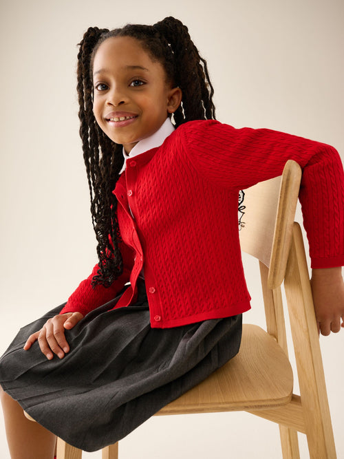 Red Cotton Rich Cable Knit School Cardigan (3-16yrs)