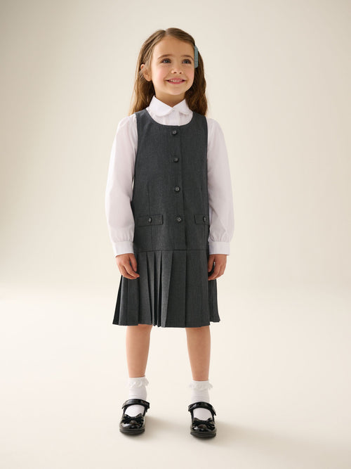 Grey Drop Waist Pleated Pinafore School Dress (3-14yrs)