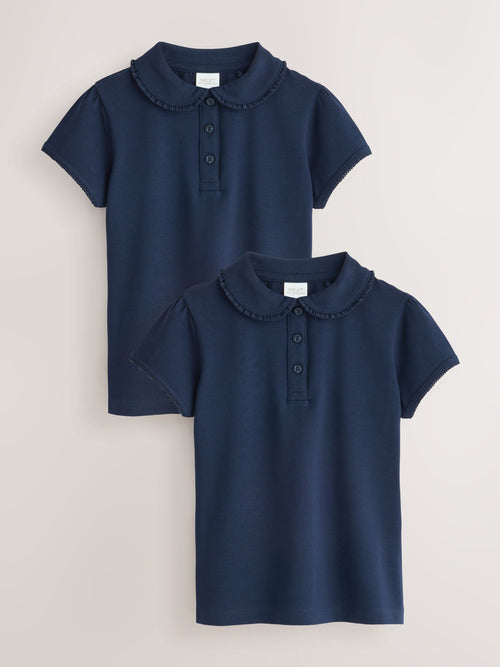 Navy Blue Girls Cotton Stretch Frill Collar School Polo Tops 2 Pack (3-16yrs)