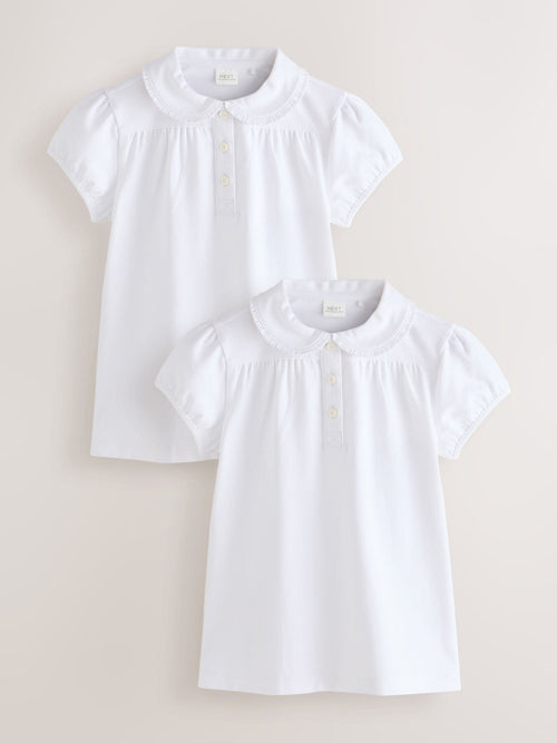 White Cotton Stretch Pretty Collar School Jersey Tops 2 Pack (3-14yrs)